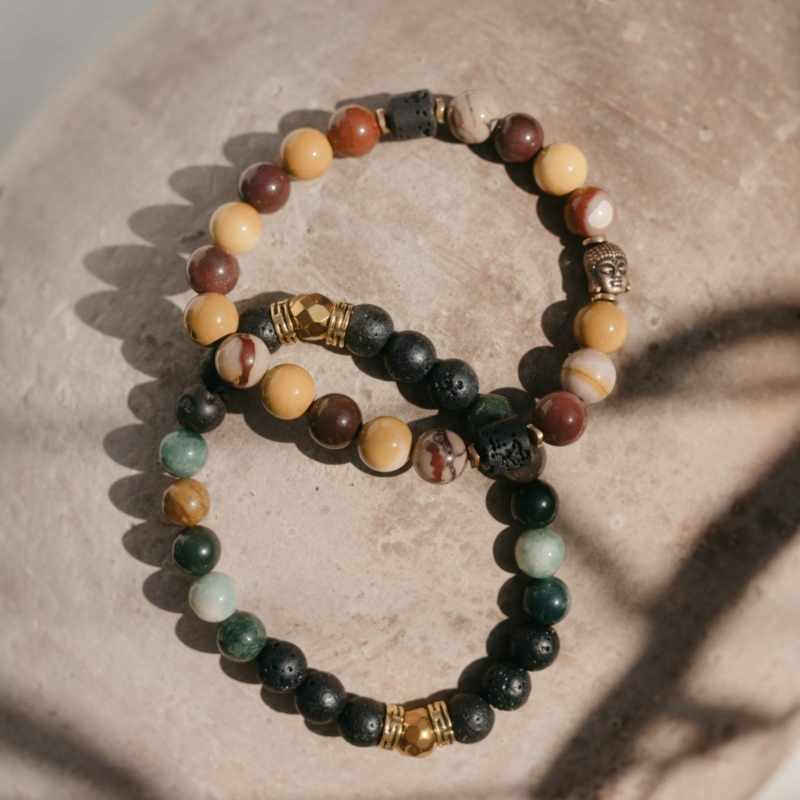 Zestaw męskich bransolet z mookaitu, lawy i hematytu — połącz styl i duchową równowagę