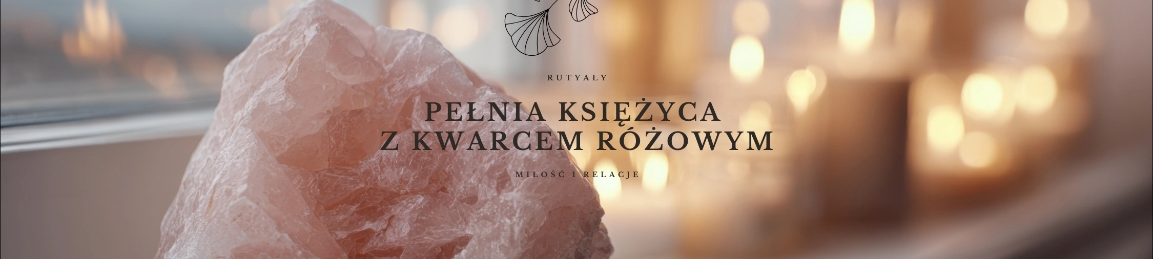 Kwarc różowy na tle świec w delikatnym świetle, baner do artykułu o rytuałach pełni księżyca