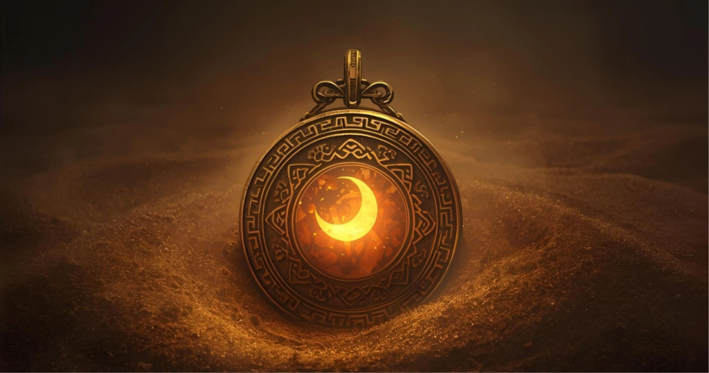 Amulet z symbolem księżyca świecący na piasku – energetyczna ochrona